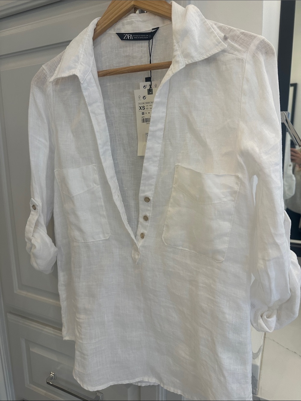 Zara White Linen V-Neck Button Tunic